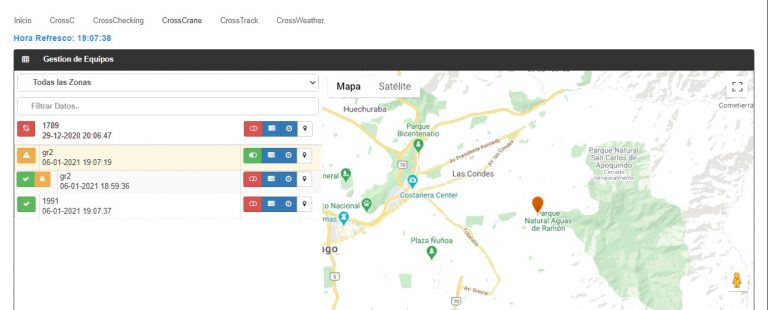 Panel inicial. Aquí se verá el status de cada grúa: Si está encendida/apagada, con alertas, sin problemas, apagada remotamente, etc.